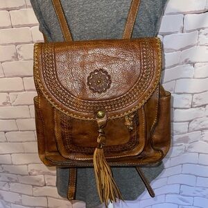 Patricia Nash Brown Leather Backpack with Embossed Design and Adjustable Straps